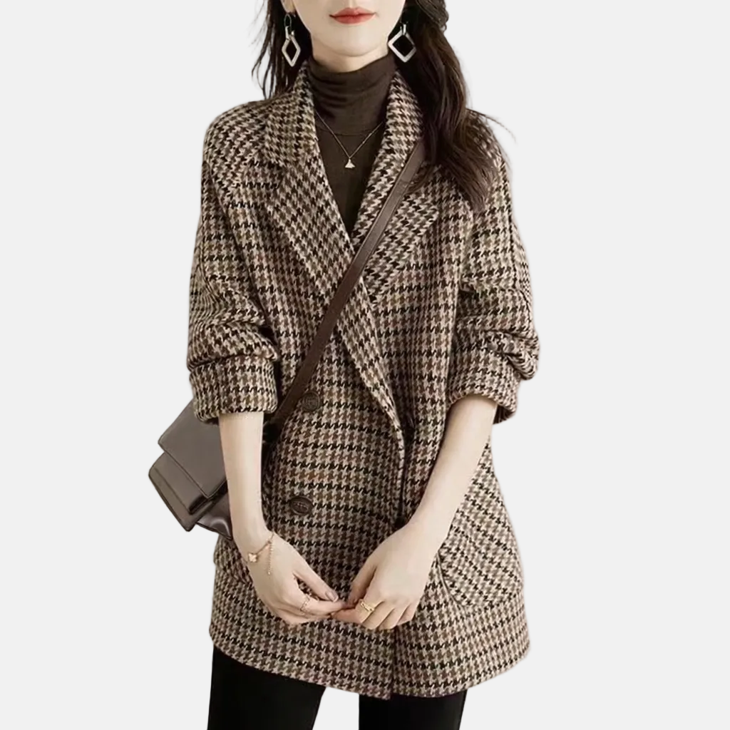 Double-Breasted Check Knee-Length Coat for Women – Cozy & Stylish Design Caliboot