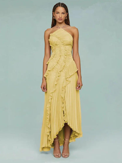 Asymmetric Pleated Maxi Dress for Women – Elegant & Flowing-Caliboot