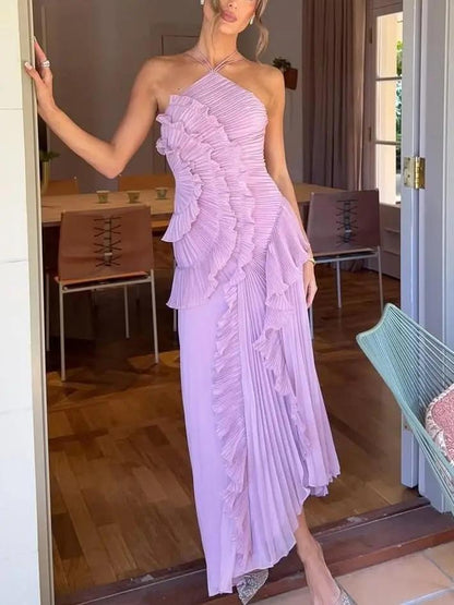 Asymmetric Pleated Maxi Dress for Women – Elegant & Flowing-Caliboot