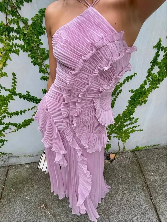 Asymmetric Pleated Maxi Dress for Women – Elegant & Flowing-Caliboot