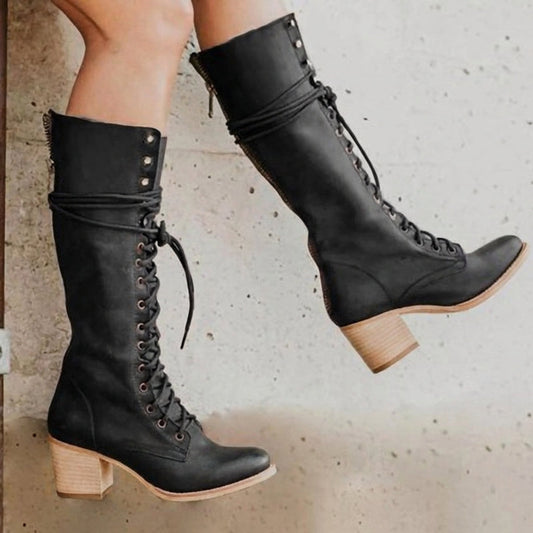 Lace-Up Block Heel Knee-High Boots for Women – Stylish & Supportive Design Caliboot