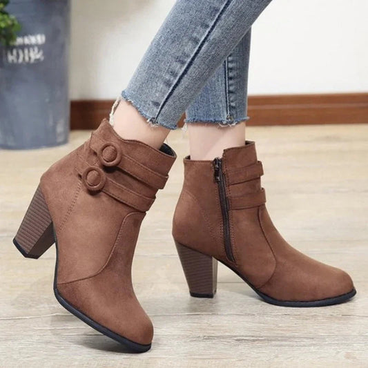 Black Ankle Boots for Women – Stylish Retro Belt Buckle Design