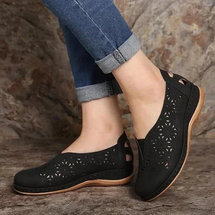 Chic Cut-Out Slip-On Shoes for Women – Stylish & Comfortable Low Wedge Design