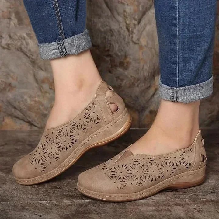 Chic Cut-Out Slip-On Shoes for Women – Stylish & Comfortable Low Wedge Design