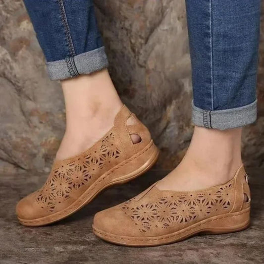 Chic Cut-Out Slip-On Shoes for Women – Stylish & Comfortable Low Wedge Design