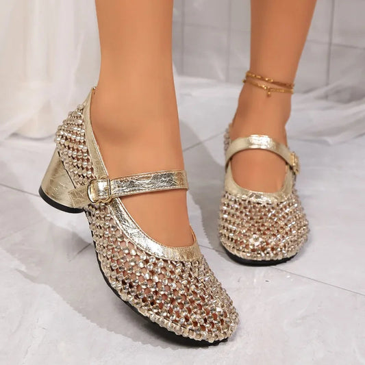 Chic Cutout Heels for Women – Stylish Black & Gold Design with Secure Buckle Closure
