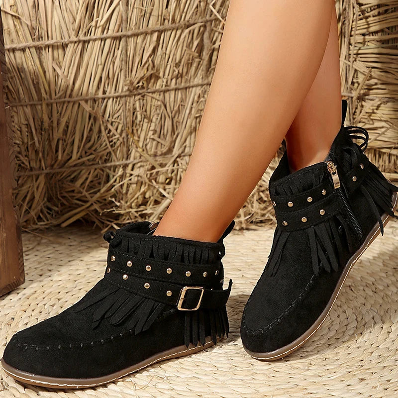 Chic Buckle Black Ankle Boots for Women – Stylish & Versatile Comfort
