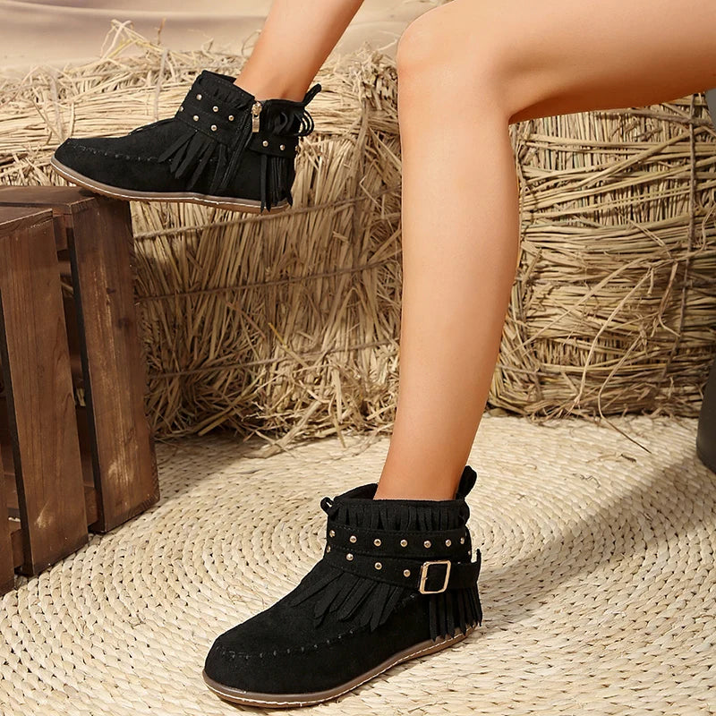 Chic Buckle Black Ankle Boots for Women – Stylish & Versatile Comfort