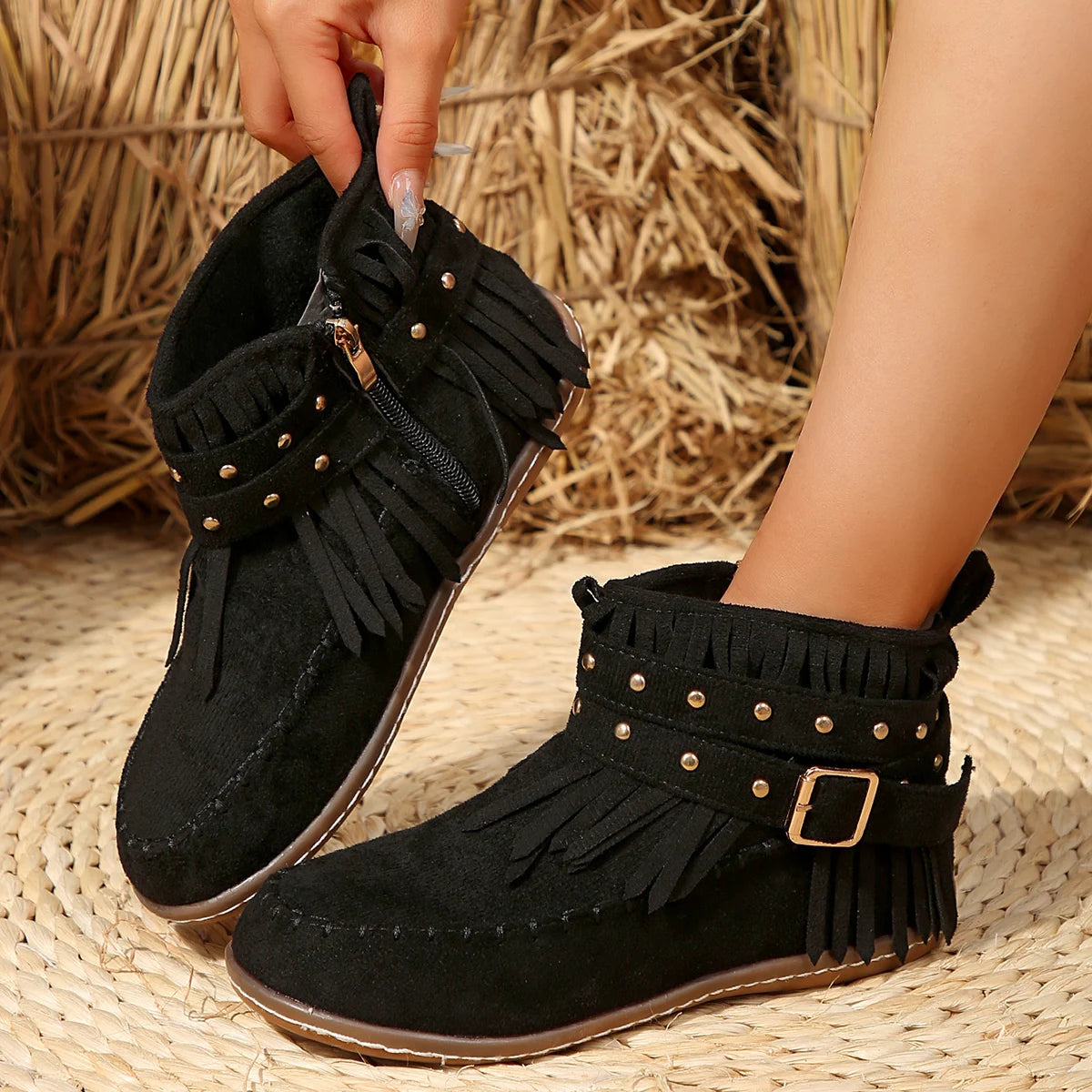 Chic Buckle Black Ankle Boots for Women – Stylish & Versatile Comfort