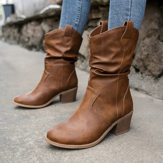 Chunky Block Heel Boots for Women – Retro Western Style