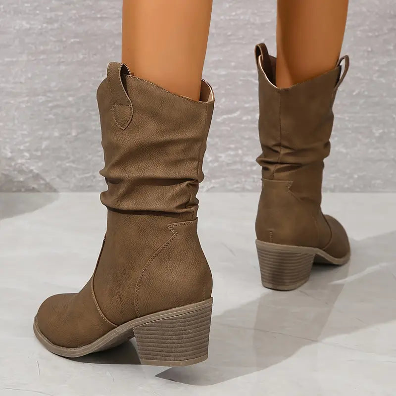 Chunky Block Heel Boots for Women – Retro Western Style