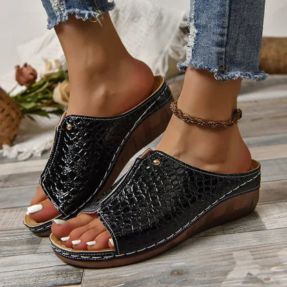 Croc-Embossed Wedge Sandals for Women – Effortless Style & Comfort