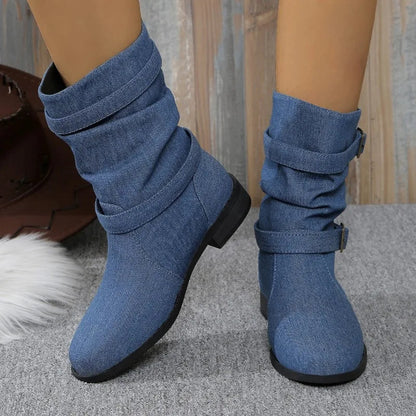 Denim Buckle Ankle Boots for Women – Stylish & Comfortable