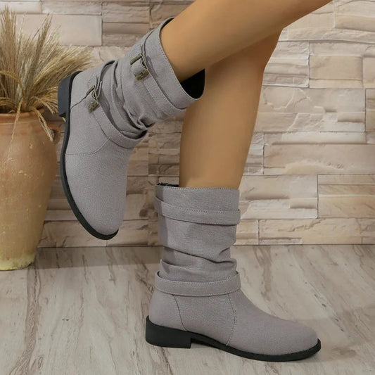 Denim Buckle Ankle Boots for Women – Stylish & Comfortable