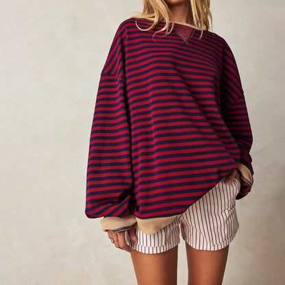 Oversized Striped Ribbed Tunic Sweatshirt for Women – Cozy Casual Comfort Caliboot