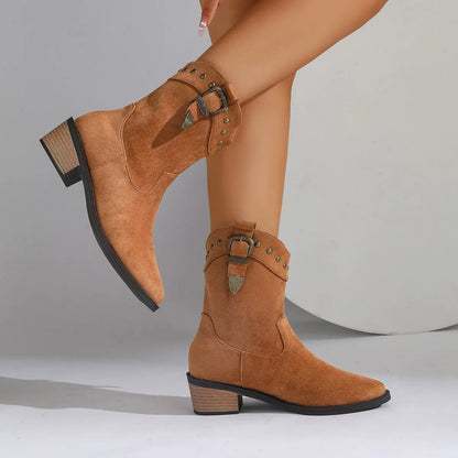 Embroidered Mid-Tube Boots for Women – Chic Suede Style