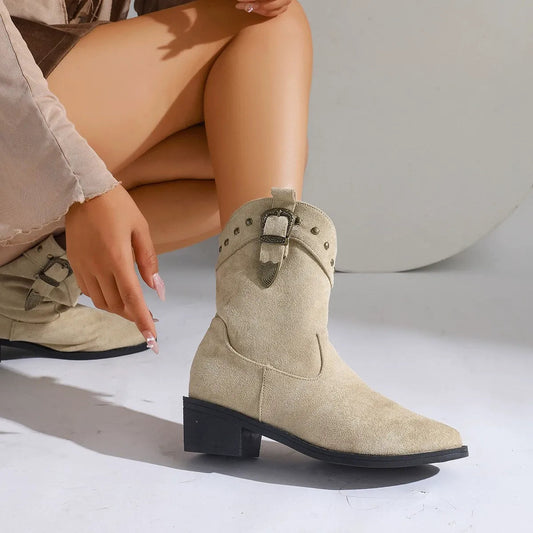 Embroidered Mid-Tube Boots for Women – Chic Suede Style