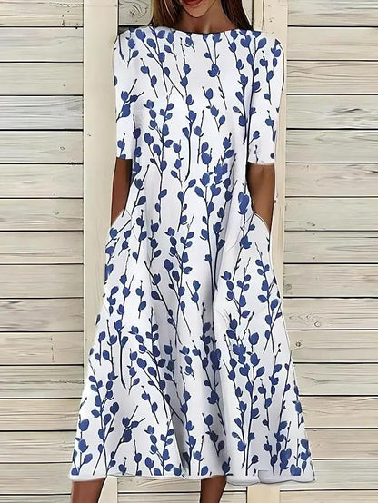 Floral A-Line Midi Dress for Women – Effortless Elegance & Comfort-Caliboot
