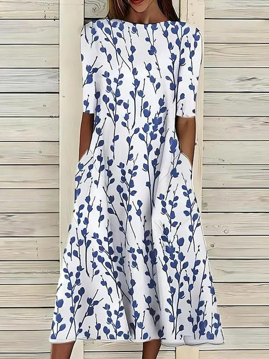 Floral A-Line Midi Dress for Women – Effortless Elegance & Comfort-Caliboot