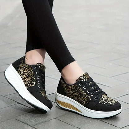 Floral Lace-Up Platform Sneakers for Women – Stylish & Comfortable