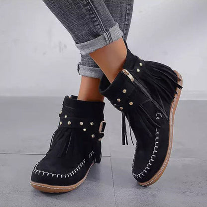 Fringe Buckle Boots for Women – Edgy & Versatile Black Style