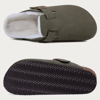 Fur-Lined Suede Clogs for Women – Cozy & Adjustable Comfort