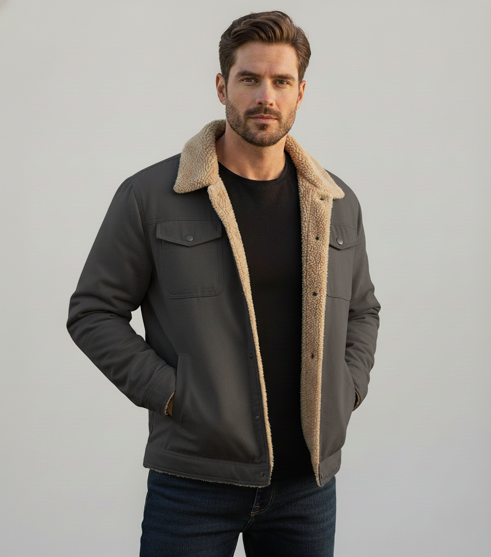 Relaxed Fit Fleece Lined Collared Jacket for Men – Cozy Durable Style