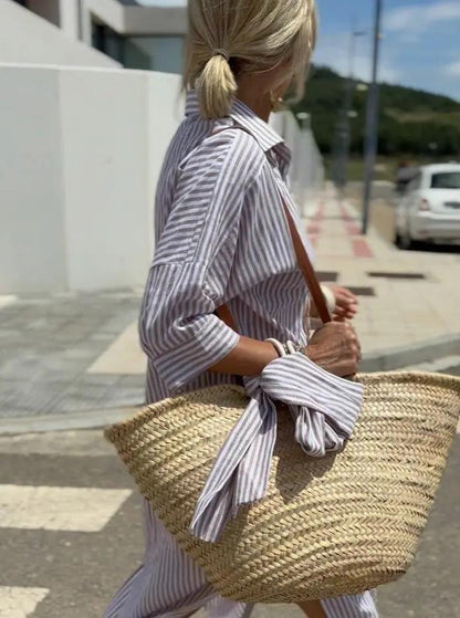 High-Low Striped Shirt Dress for Women – Effortlessly Stylish & Versatile-Caliboot