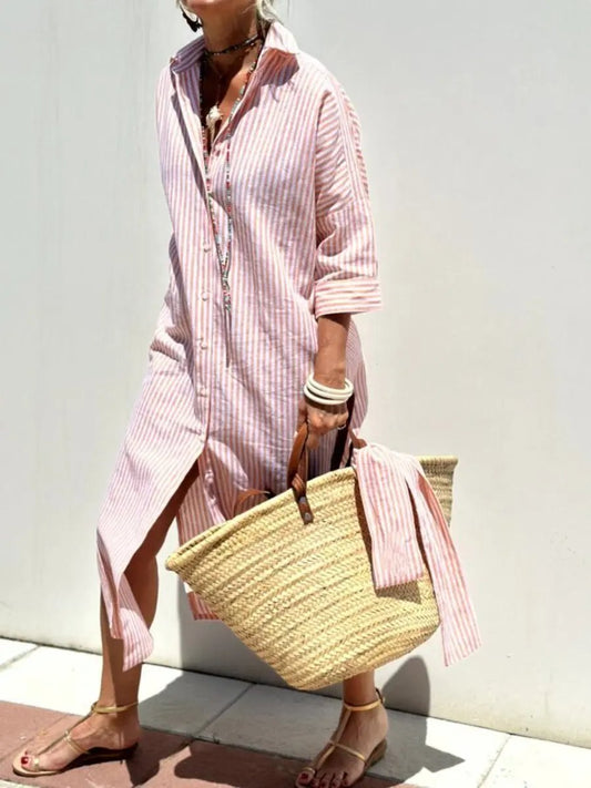 High-Low Striped Shirt Dress for Women – Effortlessly Stylish & Versatile-Caliboot