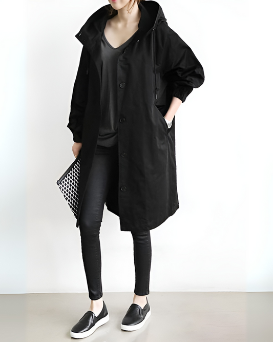 Hooded Black Trench Coat for Women – Stylish & Warm for Chilly Days 0