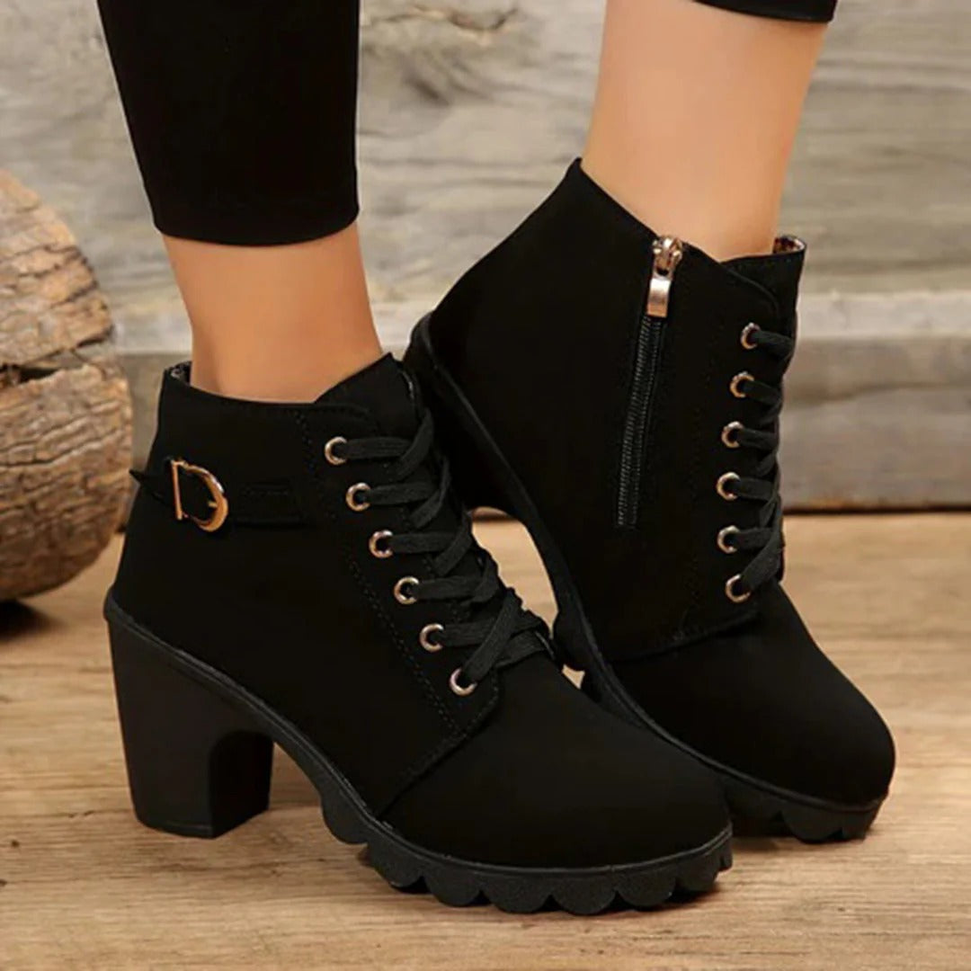 Lace-Up Black Ankle Boots for Women – Stylish & Versatile with Chunky Heel