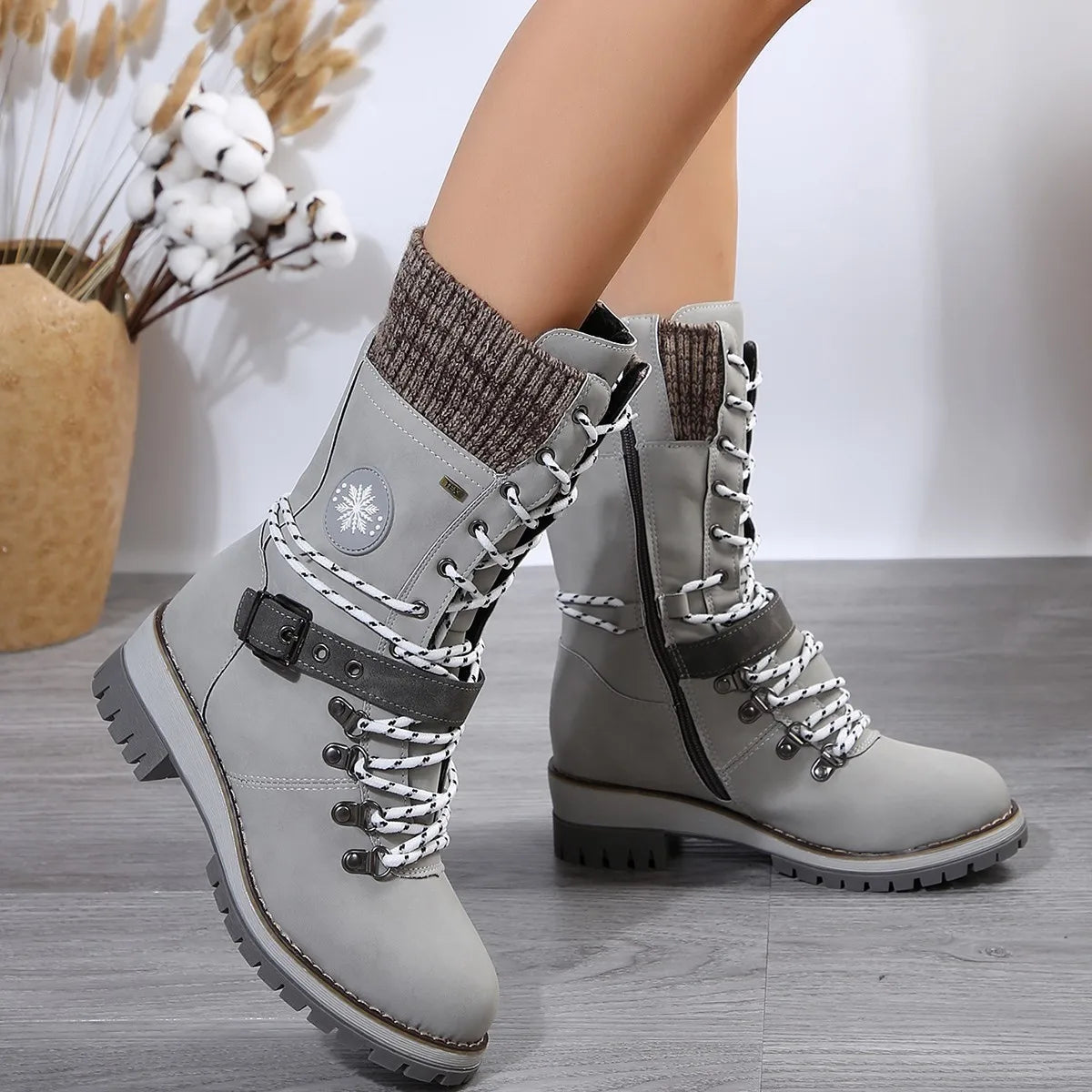 Lace-Up Boots for Women – Stylish & Cozy with Buckle Detail