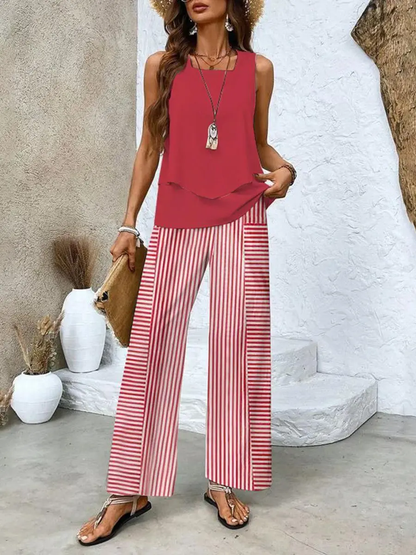 Layered Top and Wide-Leg Trousers Set for Women – Effortless Summer Style in Plus Size-Caliboot