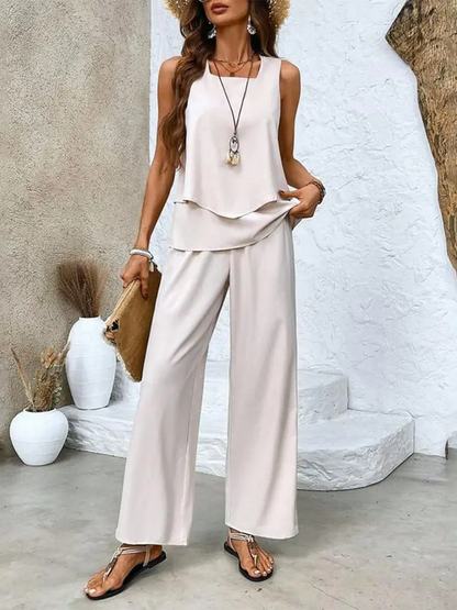 Layered Top and Wide-Leg Trousers Set for Women – Effortless Summer Style in Plus Size-Caliboot