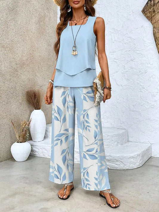Layered Top and Wide-Leg Trousers Set for Women – Effortless Summer Style in Plus Size-Caliboot
