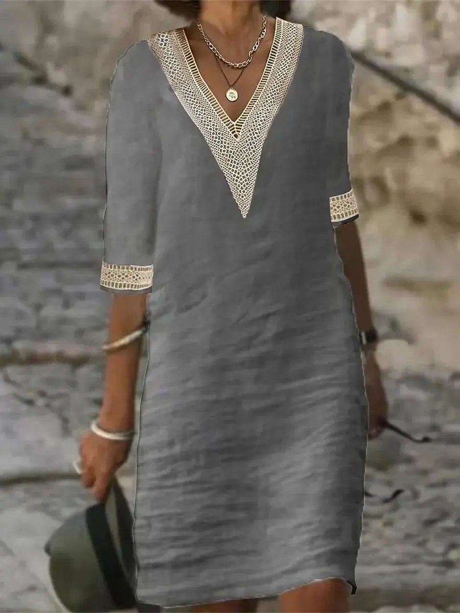 Linen Blend V-Neck Dress for Women – Effortlessly Chic & Comfortable Summer Style-Caliboot
