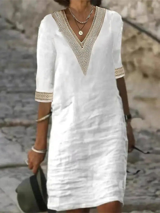 Linen Blend V-Neck Dress for Women – Effortlessly Chic & Comfortable Summer Style-Caliboot