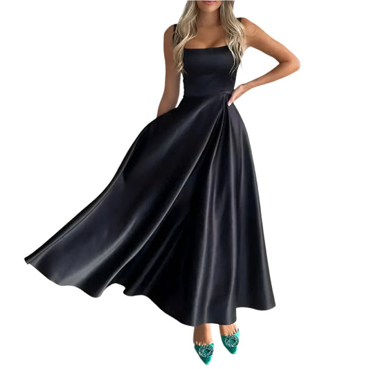 Lumea – Robe Midi Chic Femme – Élégante en Satin Noir 0