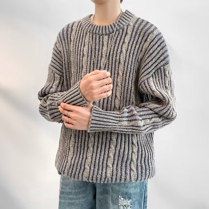 Cable Knit Striped Crewneck Knit Sweater for Men – Cozy Casual Comfort Caliboot