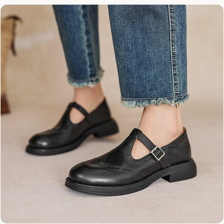 Chunky Sole Brogue Ankle-Strap Mary Jane T-Strap Shoes for Women – Orthopedic Comfort & Support