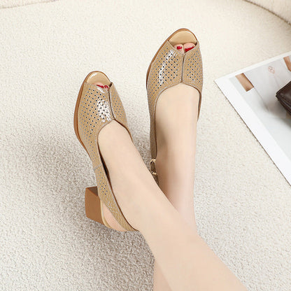 Perforated Peep Toe Block Heel Pumps for Women – Stylish & Comfortable