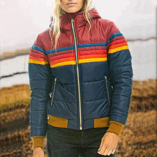 Retro Color Block Puffer Jacket for Women – Stylish & Warm Quilted Design 0