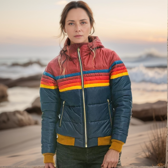 Retro Color Block Puffer Jacket for Women – Stylish & Warm Quilted Design 1