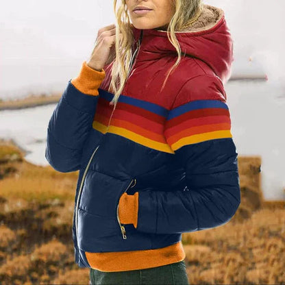 Retro Color Block Puffer Jacket for Women – Stylish & Warm Quilted Design 2