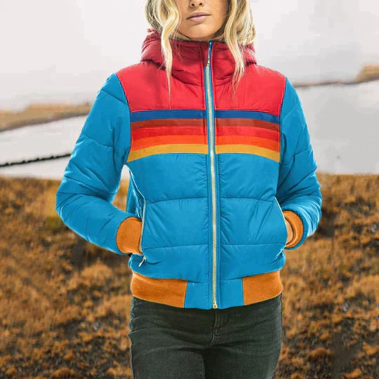 Retro Color Block Puffer Jacket for Women – Stylish & Warm Quilted Design 3