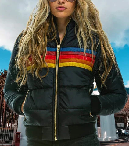 Retro Color Block Puffer Jacket for Women – Stylish & Warm Quilted Design 4