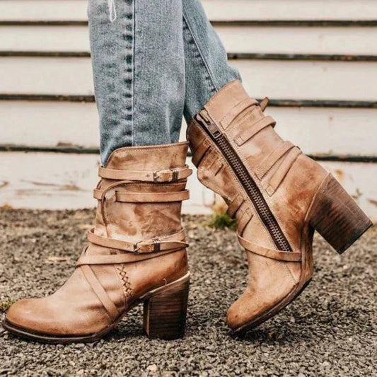 Retro Leather Boots for Women – Chic & Stylish with Belt Buckle Detail