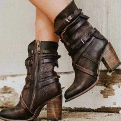 Retro Leather Boots for Women – Chic & Stylish with Belt Buckle Detail