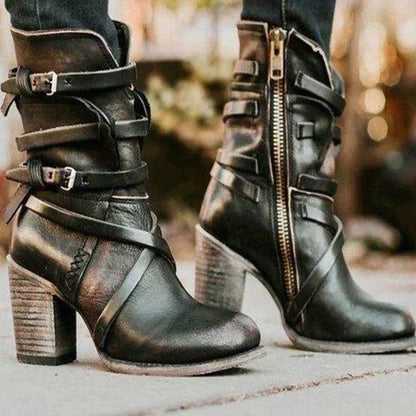 Retro Leather Boots for Women – Chic & Stylish with Belt Buckle Detail