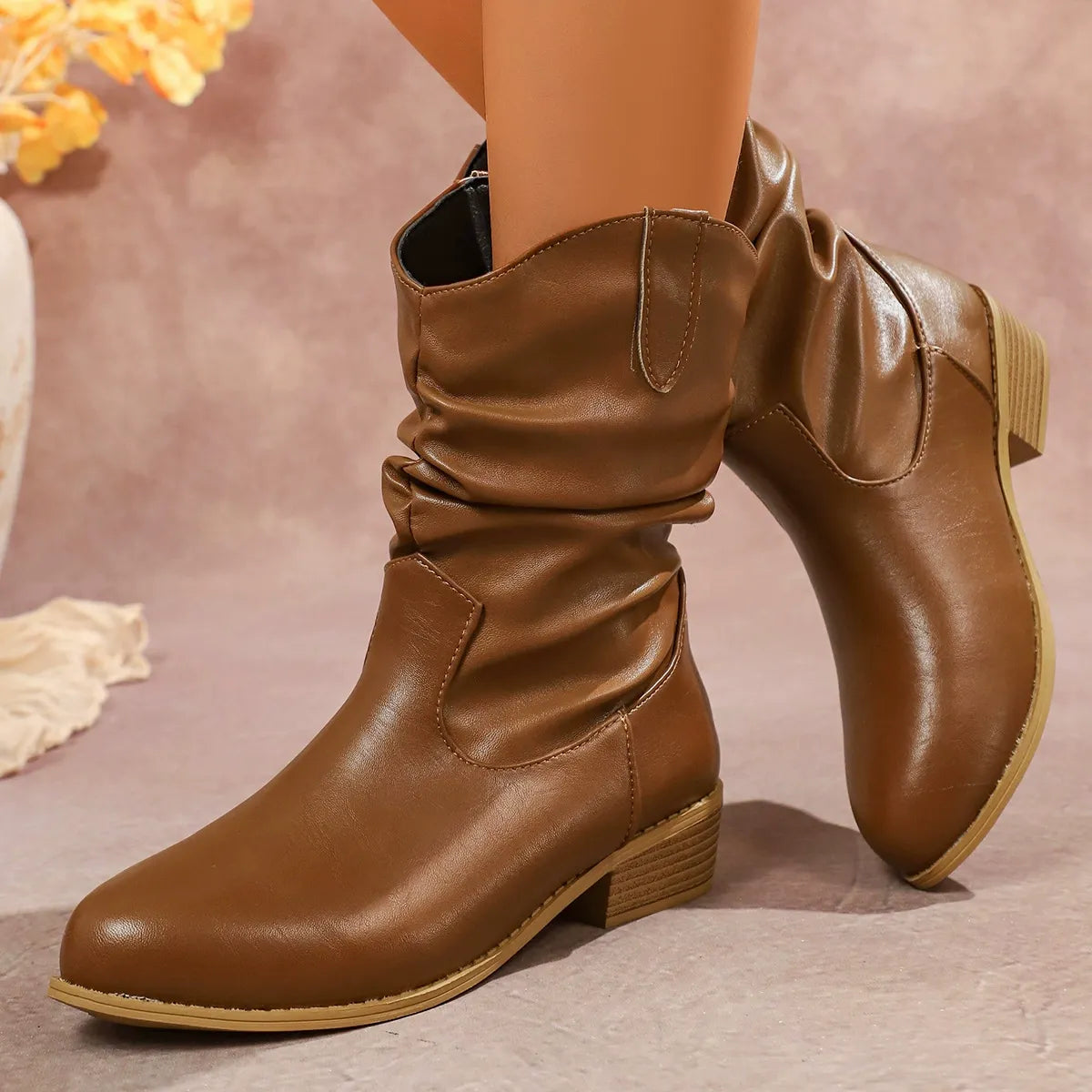 Slouch Mid Calf Boots for Women – Chic & Comfortable Low Heel Style